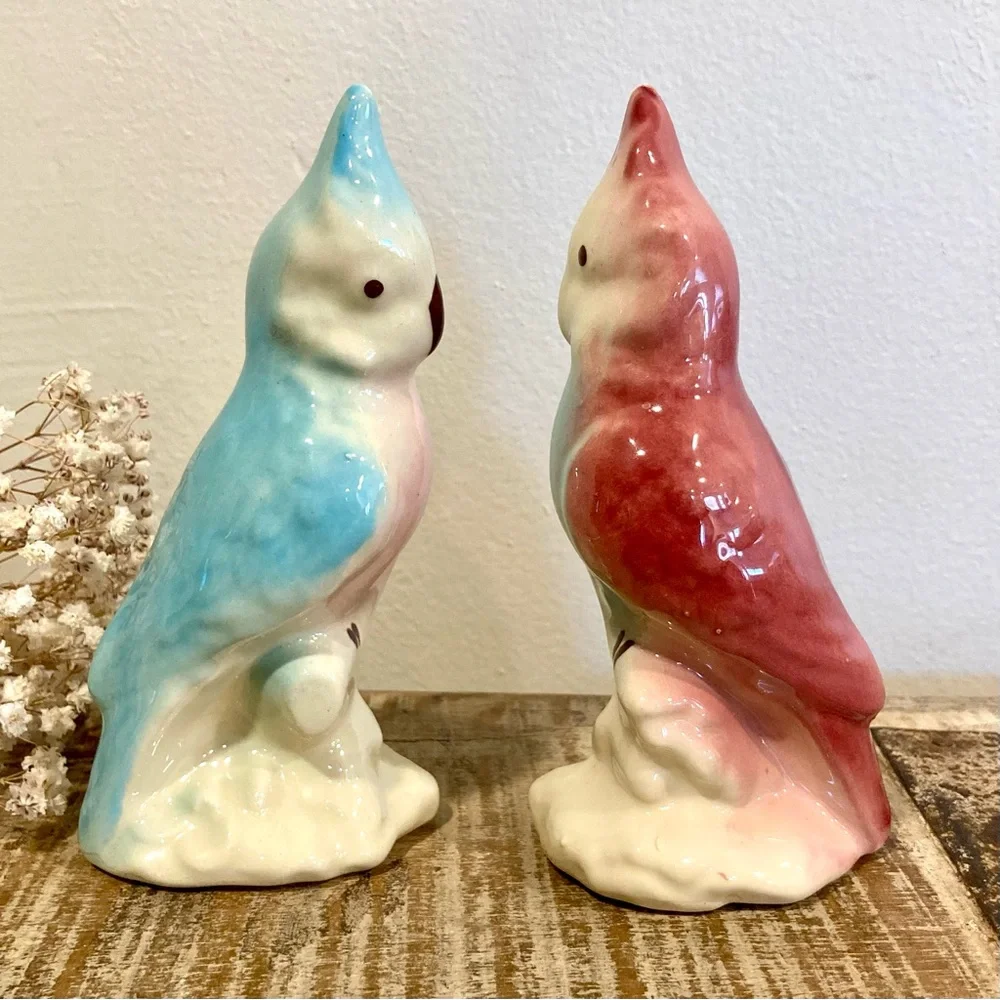 Pair Vintage Parakeet Ceramic Figurines 6” Tall Pinks and Blue
